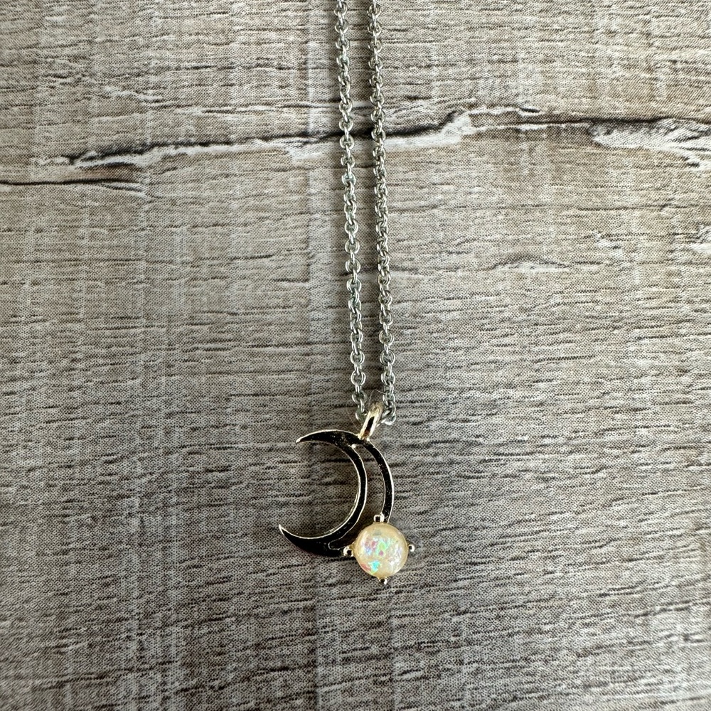Gold Crescent Moon Necklace with Opal Pendant